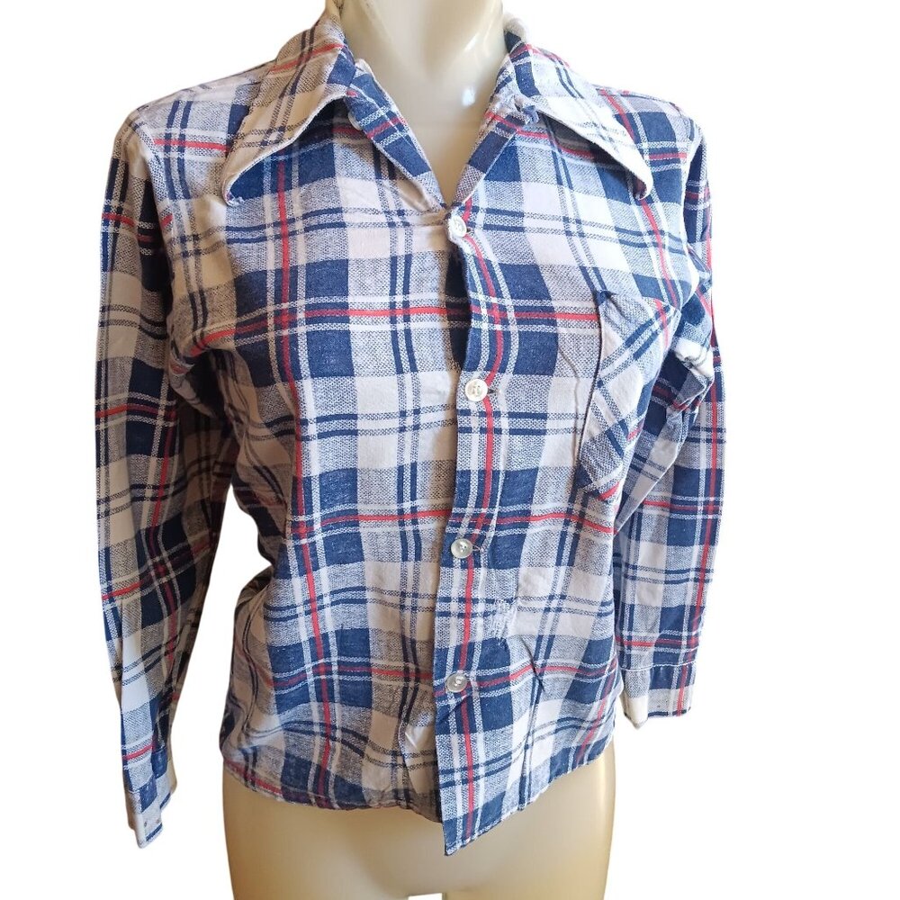 XS Vintage 70's Blue Top Plaid Buttery Flannel Button-Up Shirt Distress Repairs